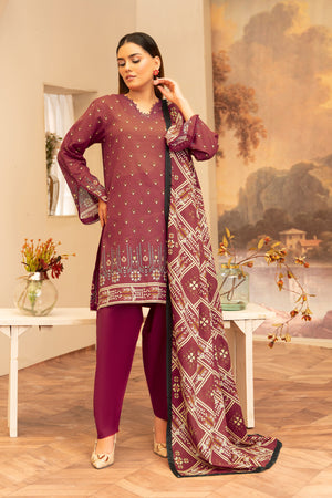 3 Piece Unstitched Maroon Printed Lawn - (Vol-104/24)3P-S-25-D12 - SAFANOOR