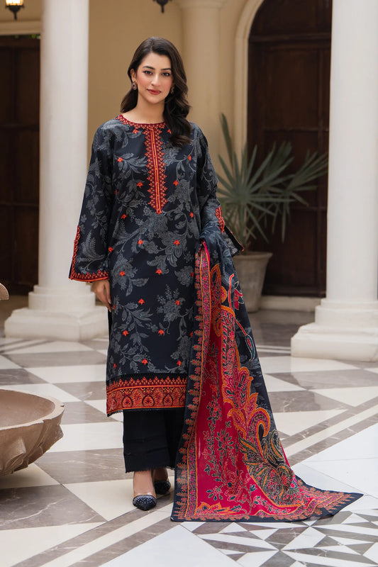 3 Piece Unstitched Naps khaddar Black Suit - Safa Noor