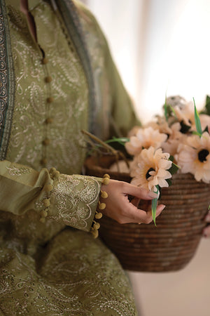 3 Piece Unstitched Olive Green Premium Embroidered Lawn - Safa Noor