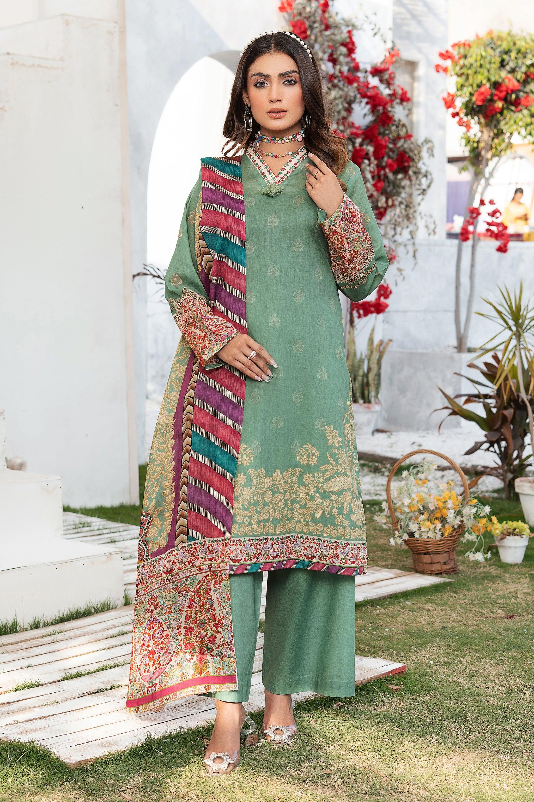 3 Piece Unstitched Olive Green Printed Lawn - SafaNoor