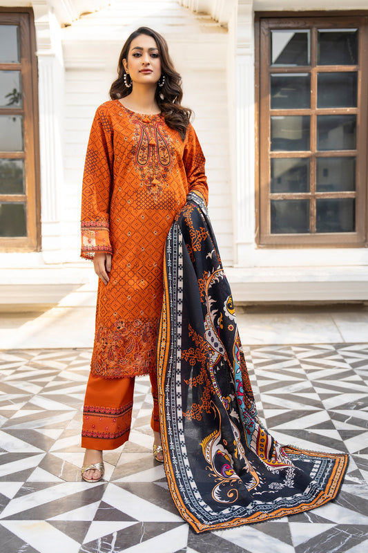 3 Piece Unstitched Orange Embroidered Khaddar - (Vol-115/08)D9 - SAFANOOOR
