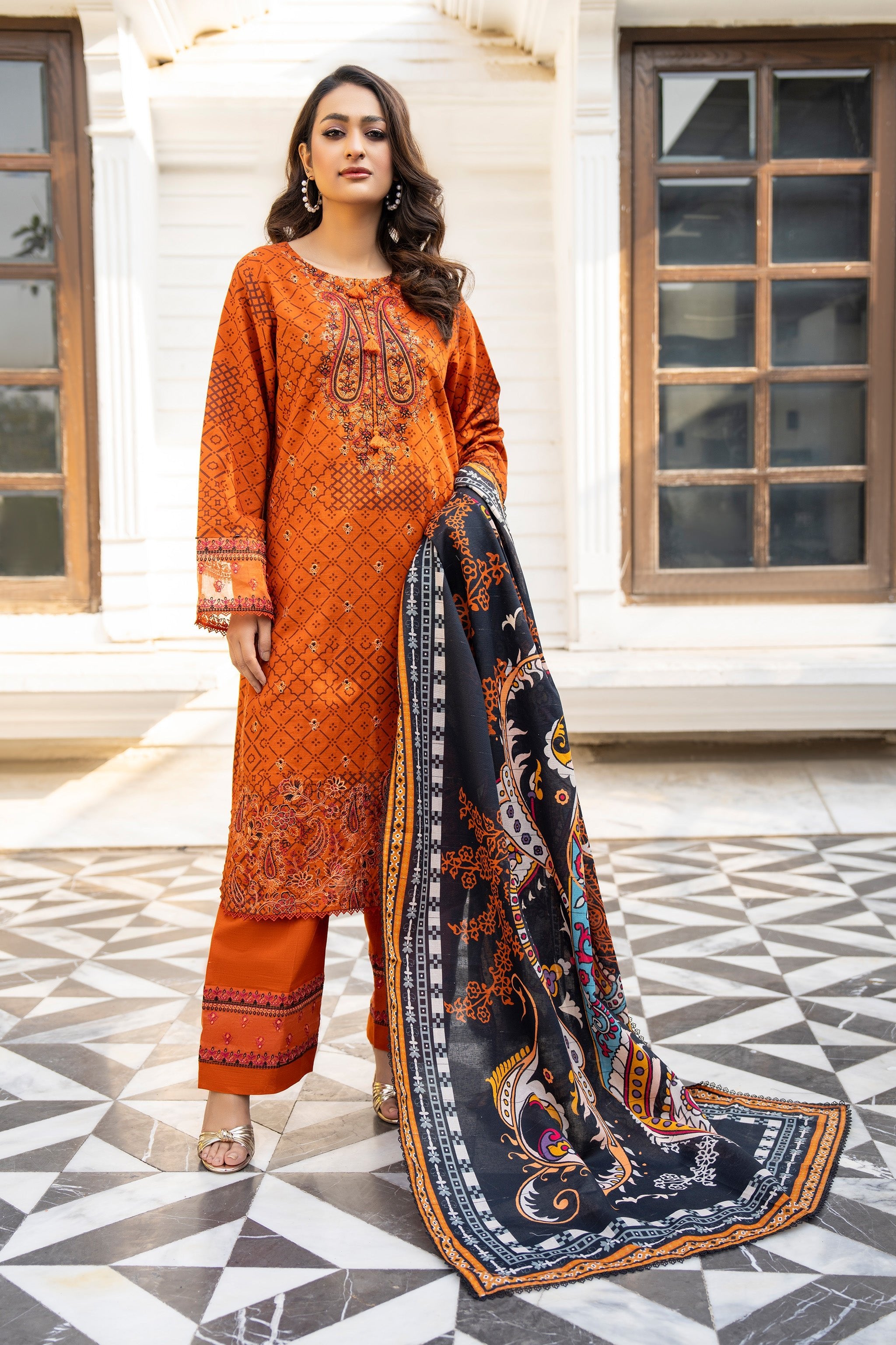3 Piece Unstitched Orange Embroidered Khaddar - (Vol-115/08)D9 - SAFANOOOR