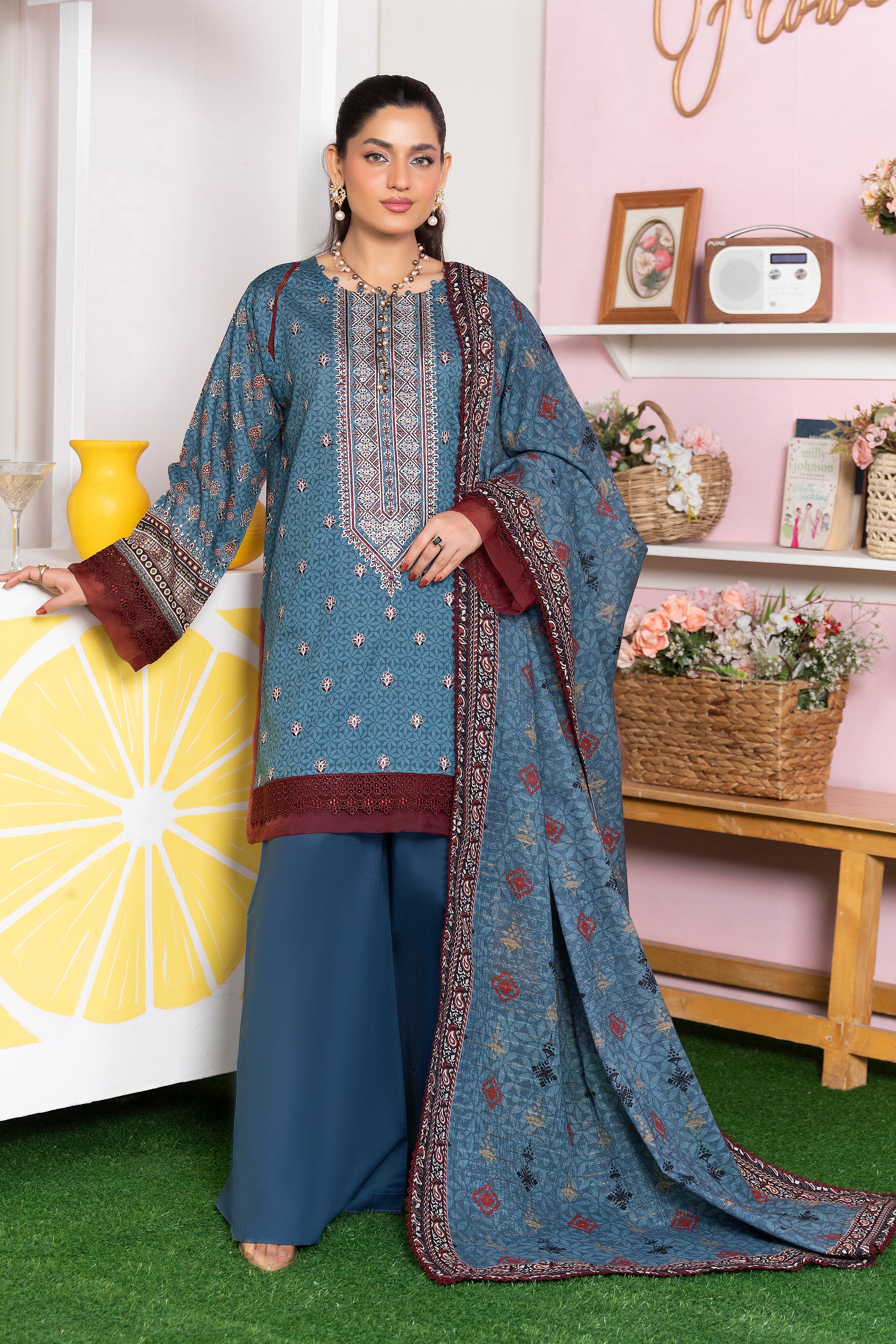 3 Piece Unstitched Oxford Blue Printed Lawn - (Vol-107/09)3P-S-25-D6 - SAFANOOR