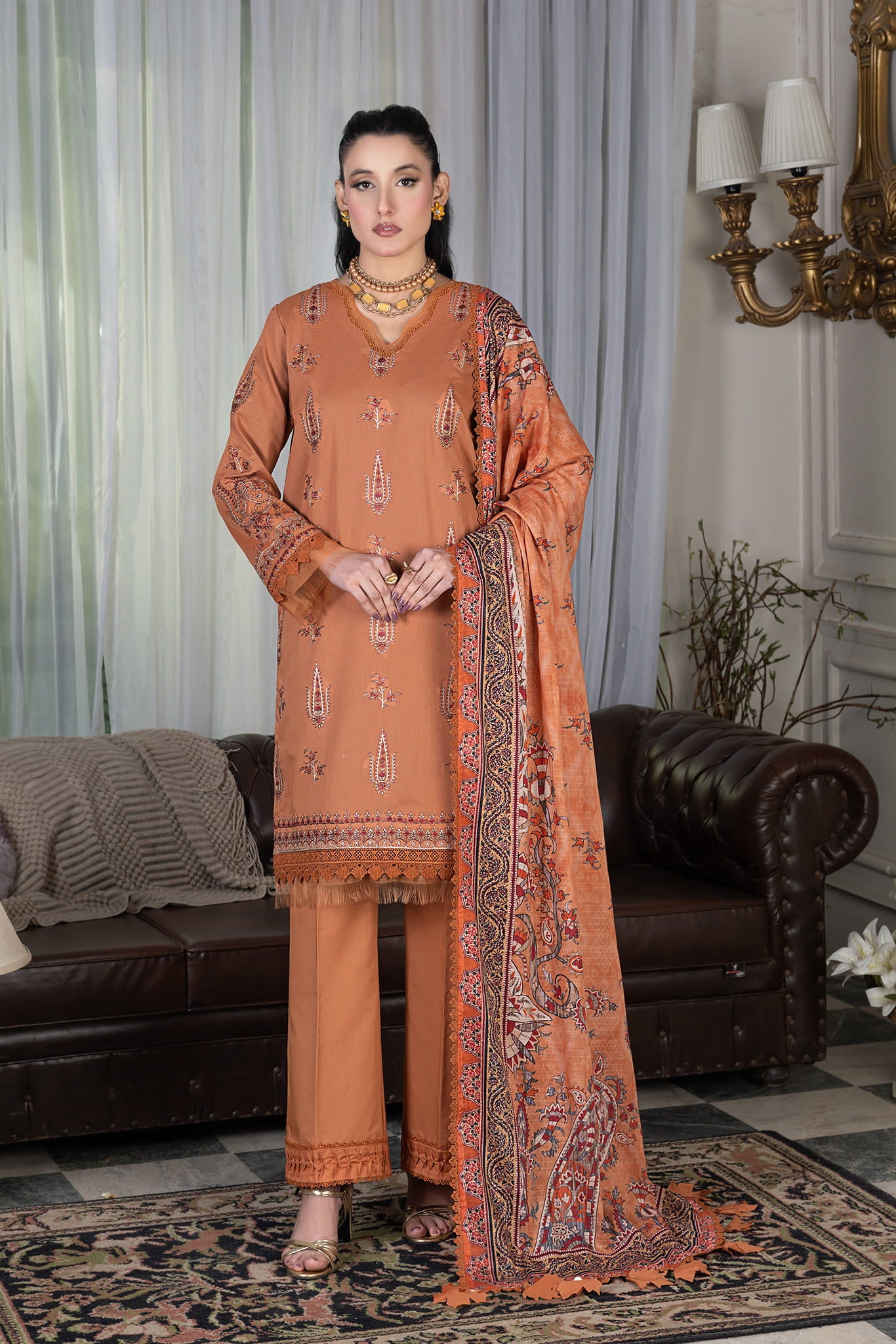 3 Piece Unstitched Pale Copper Luxury Embroidered Lawn Suit
