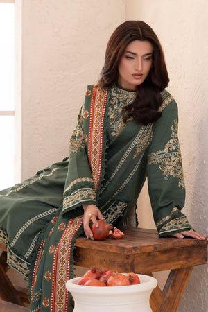 3 Piece Unstitched Rifle Green Premium Embroidered Lawn - Safa Noor