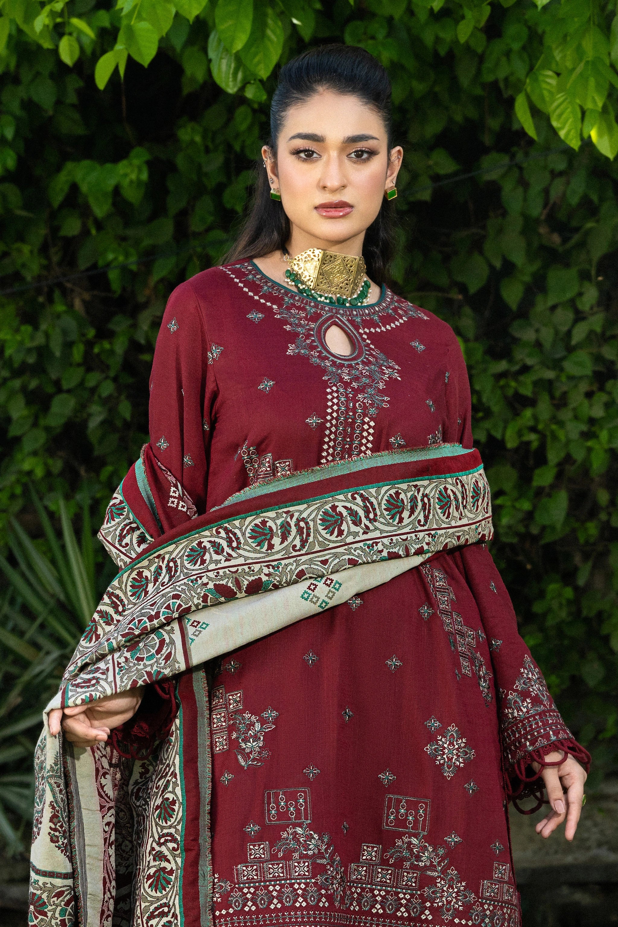 3 Piece Unstitched Texture Dye Maroon Embroidered Suit
