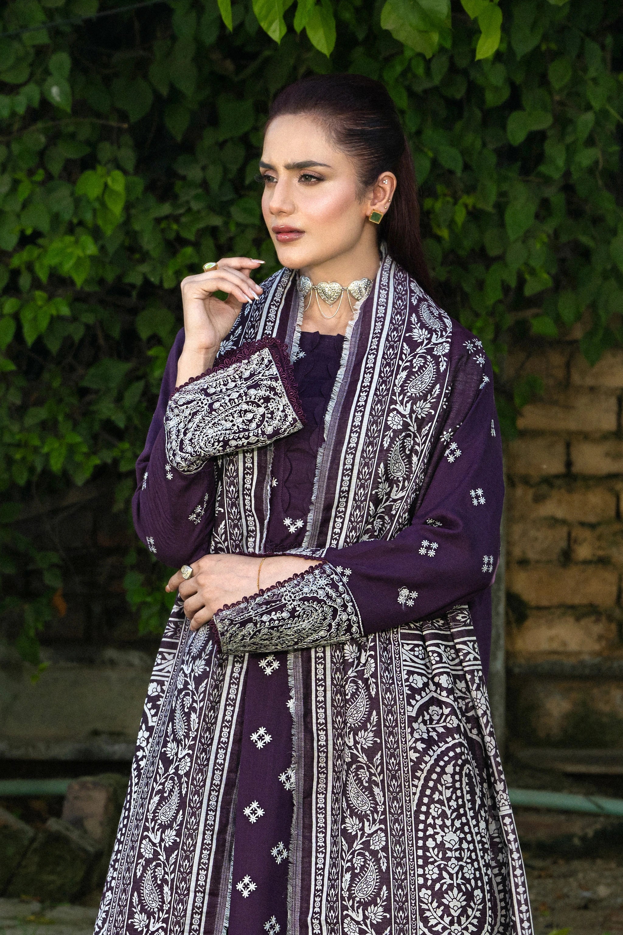 3 Piece Unstitched Texture Dye Purple Embroidered Suit