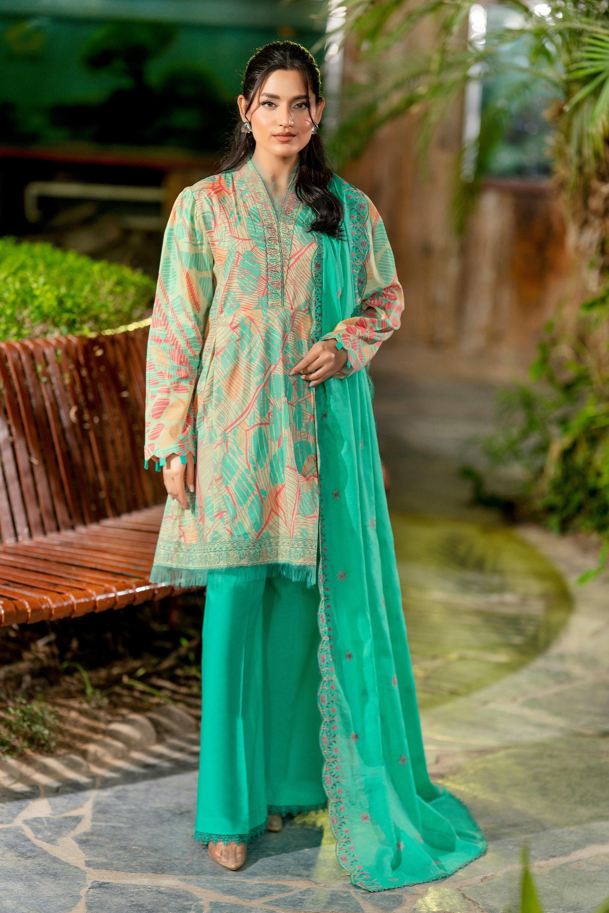 3 Piece Unstitched Turquoise Embroidered Lawn - SafaNoor