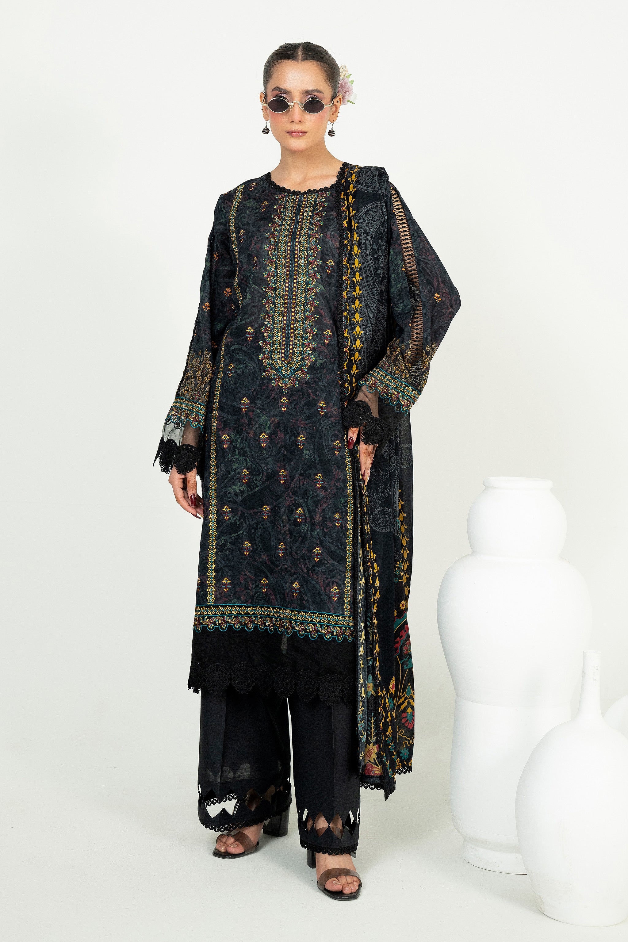 3 Piece Unstitched Warm Black Embroidered Lawn - (Vol-105/06)3P-S-25-D1 - SAFANOOR