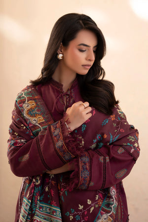 3 Piece Unstitched Wine Premium Embroidered Lawn -Safa Noor