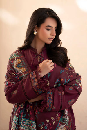 3 Piece Unstitched Wine Premium Embroidered Lawn -Safa Noor