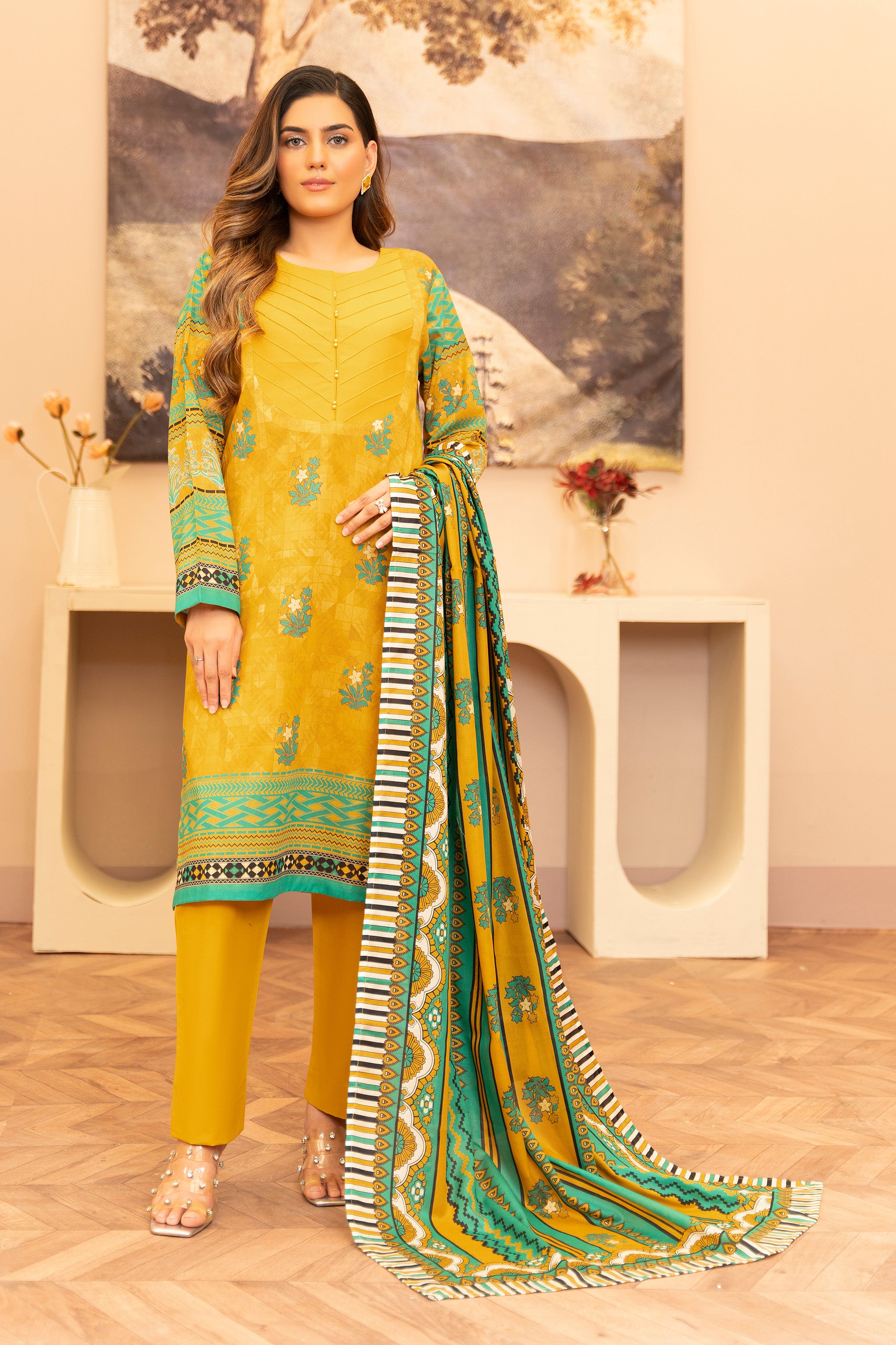 3 Piece Unstitched Yellow Printed Lawn - (Vol-104/24)3P-S-25-D3 - SAFANOOR