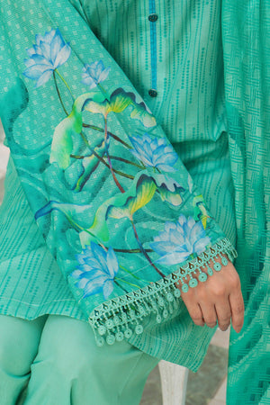 3 Piece Unstitched Cyan Printed Lawn - SafaNoor