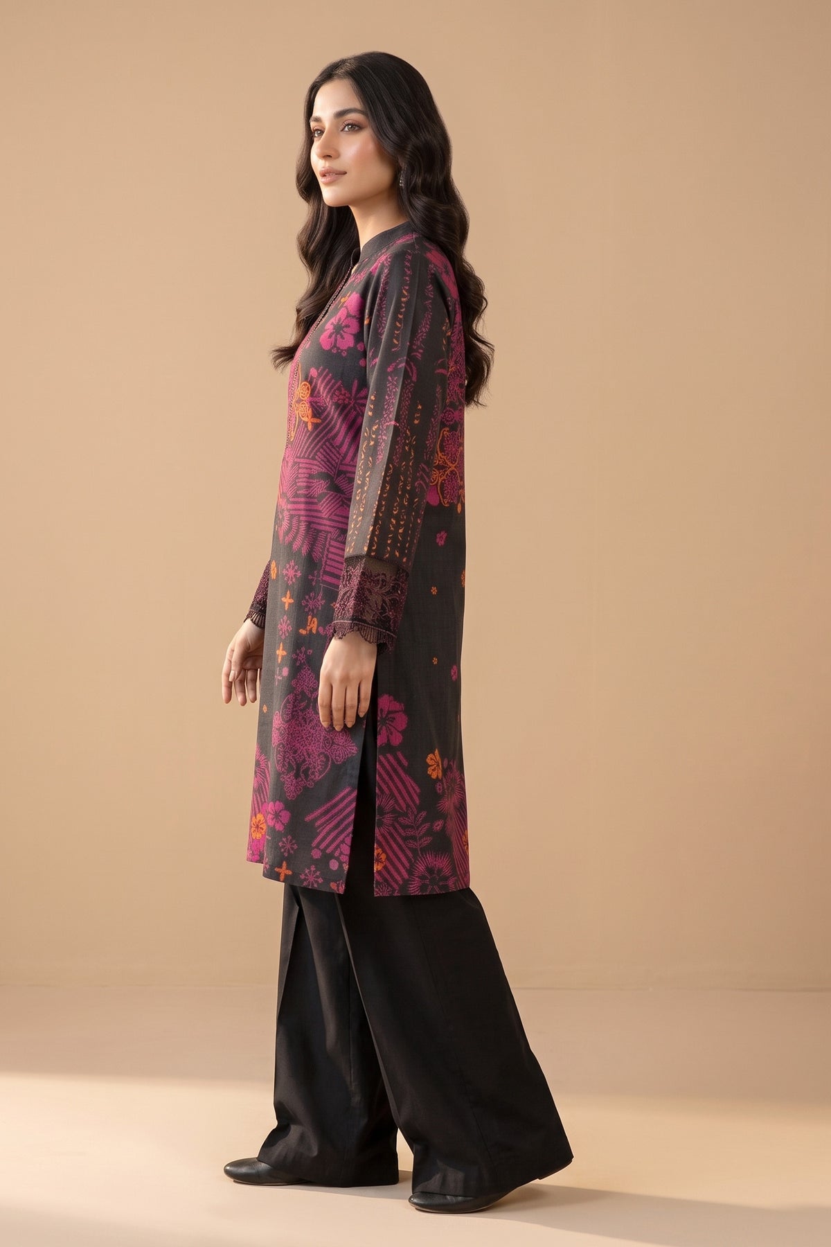 2 Piece Unstitched Printed Lace Cuff Khaddar - Black