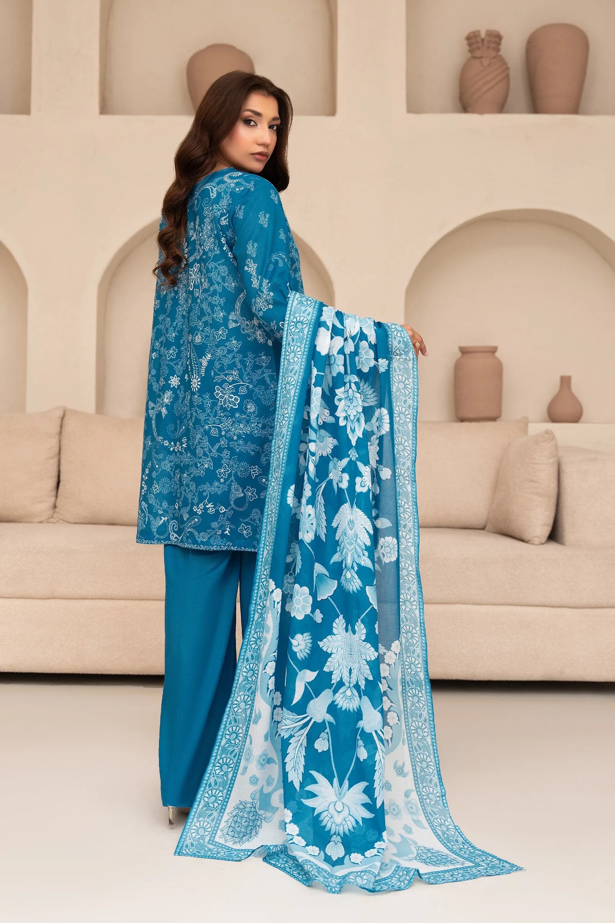 3 Piece Unstitched French Blue Premium Printed Lawn