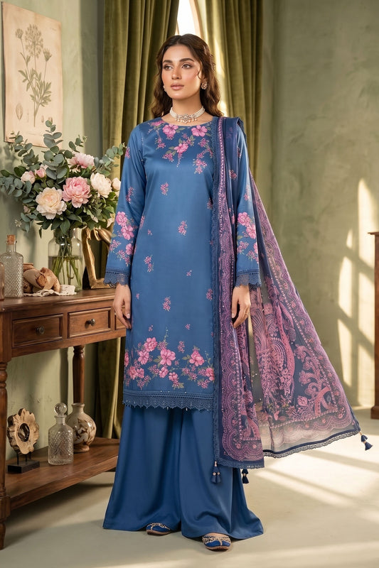 Blue 3 Piece Unstitched Premium Printed Lawn -SAFANOOR