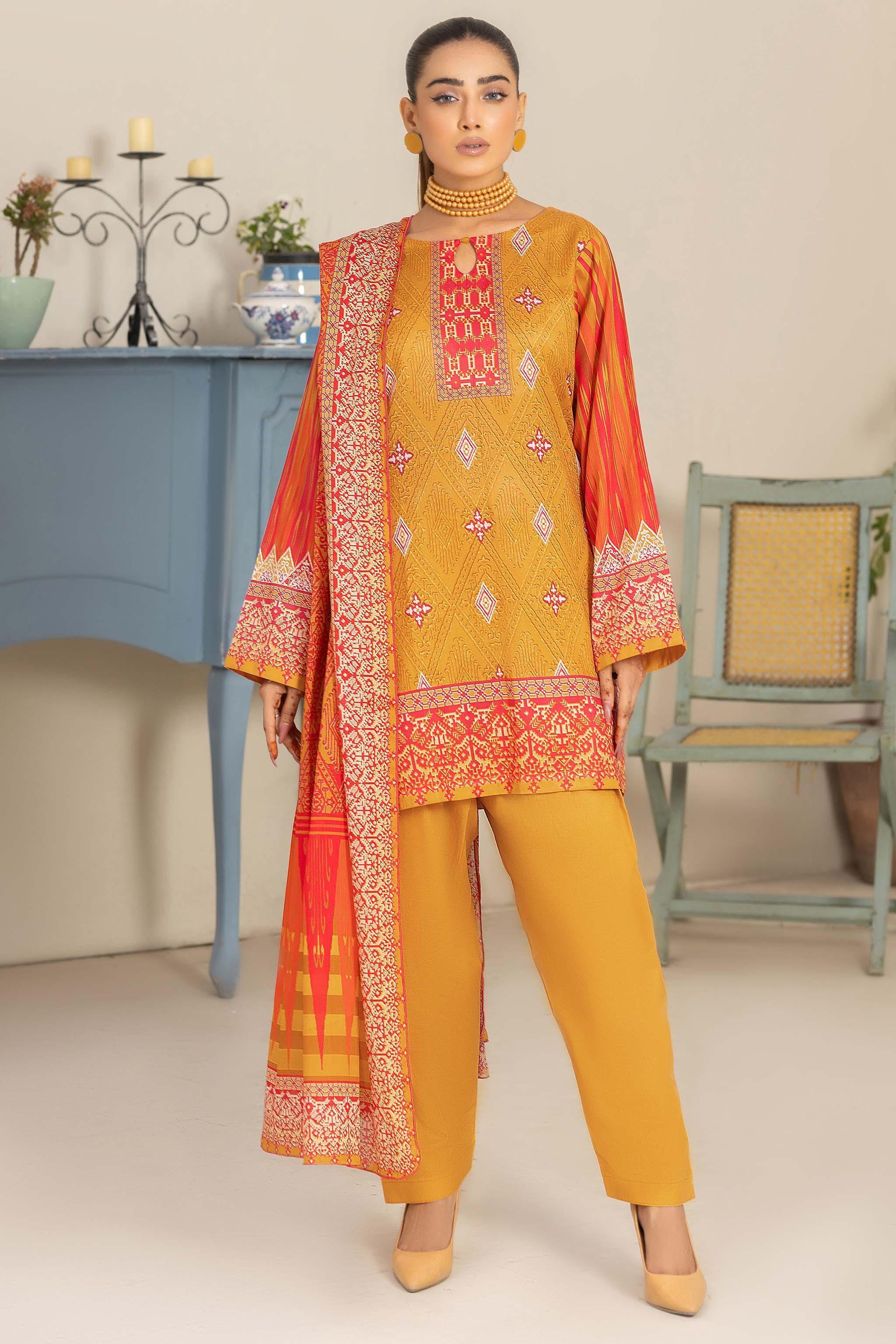 Unstitched 3 Piece Saffron Printed Lawn - SafaNoor