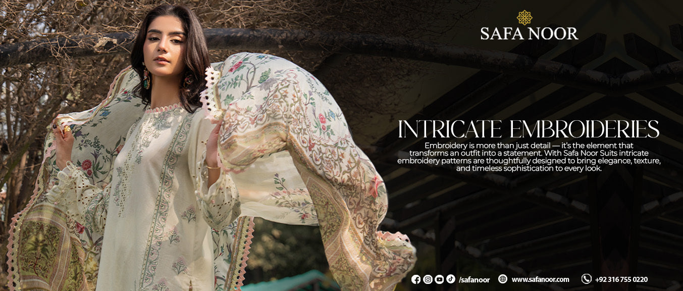 Intricate Embroidery Patterns in Safa Noor Suits