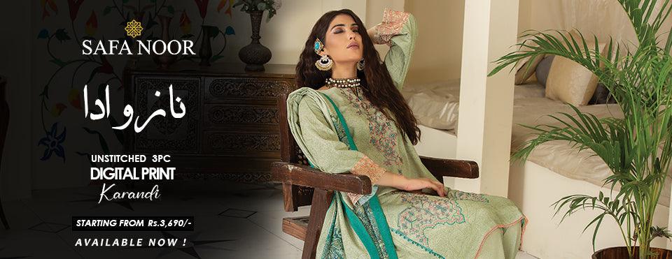 NAZ-O-ADDA COLLECTION / 3PC / DIGITAL EMBROIDERED KARANDI - SafaNoor