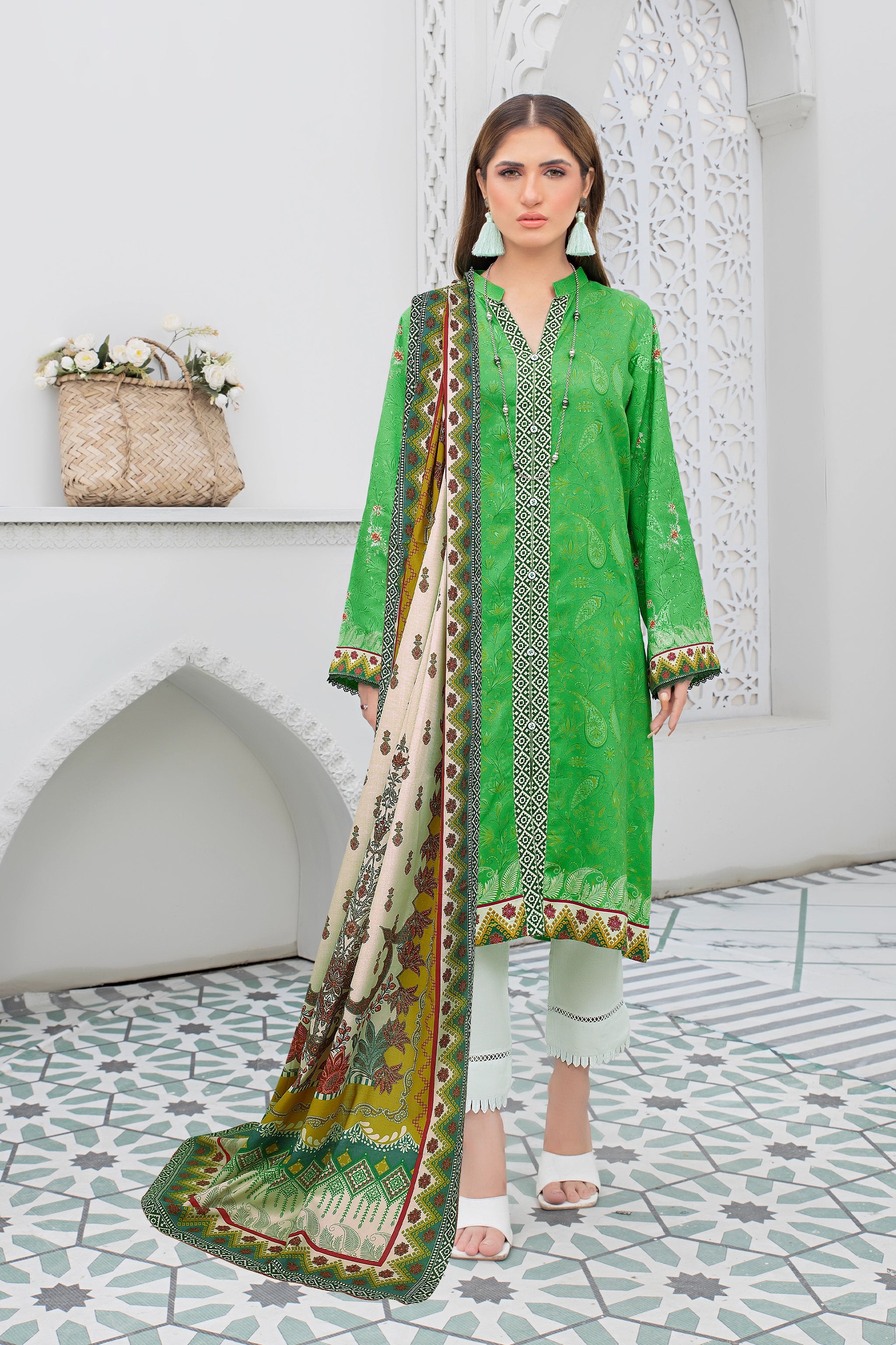 2 piece unstitched Green Twill Marina Suit - safa noor marina collection