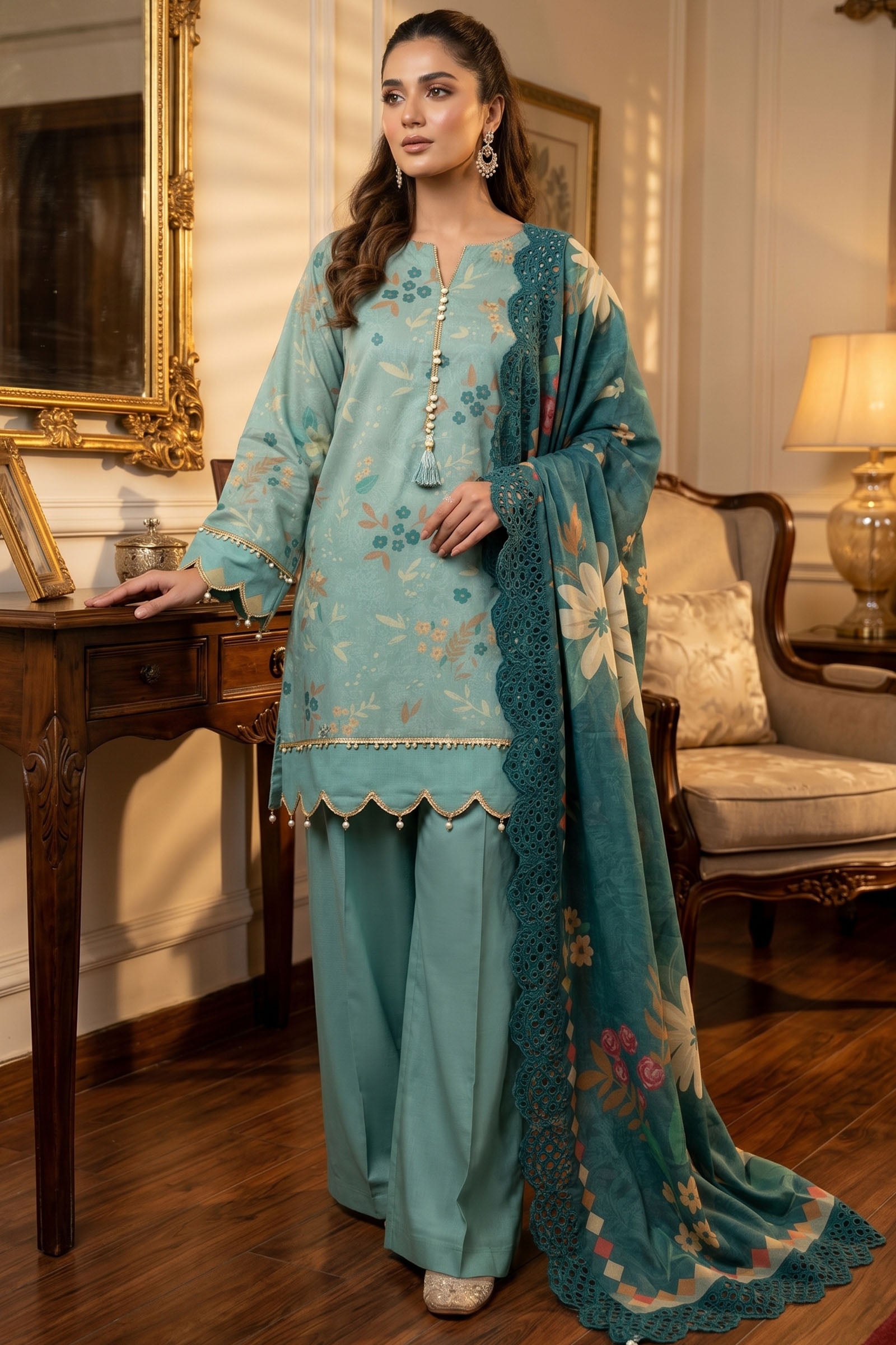 Teal Blue 3 Piece Unstitched Premium Printed Lawn
