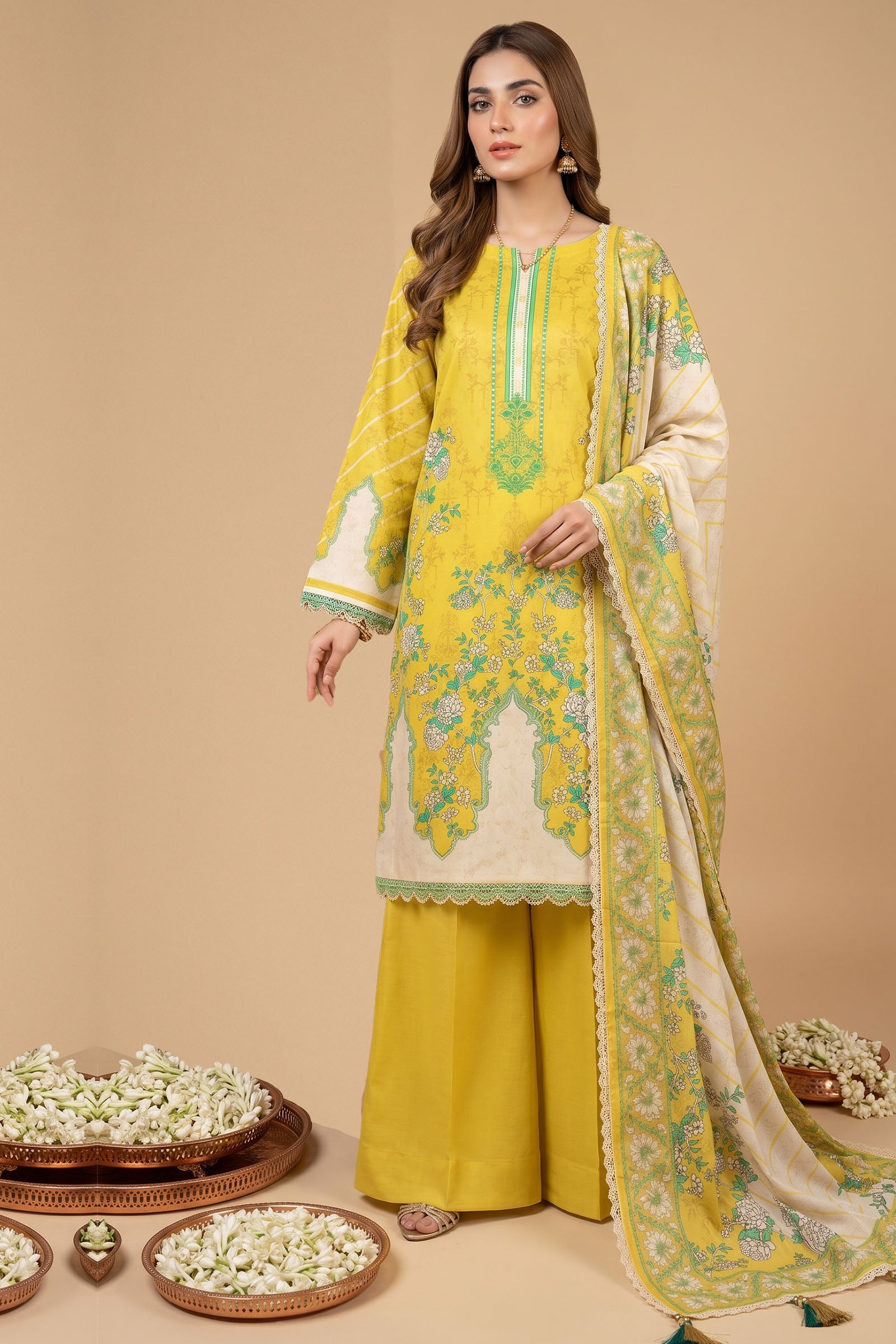 Yellow 3 Piece Unstitched Premium Printed Lawn