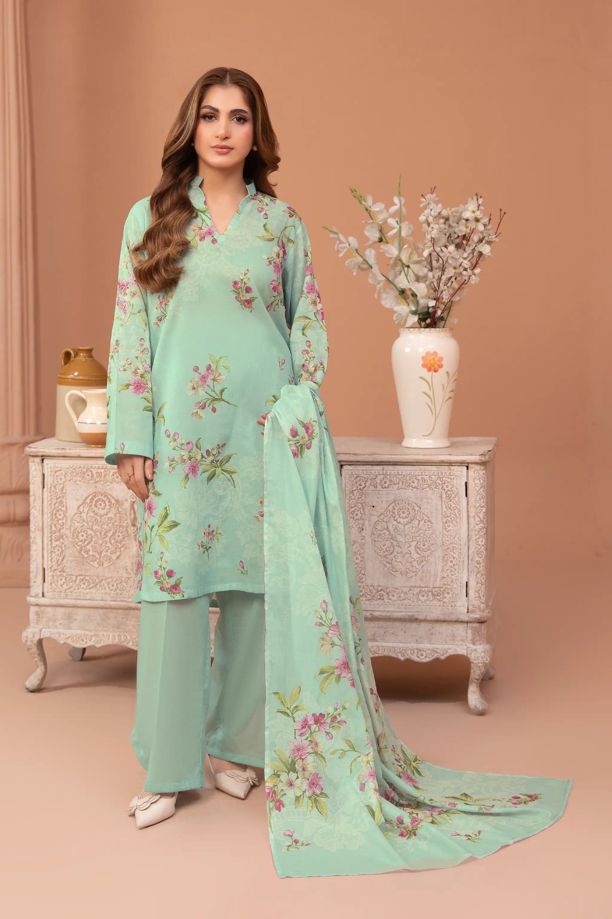 3 Piece Unstitched Turquoise Green Premium Printed Lawn