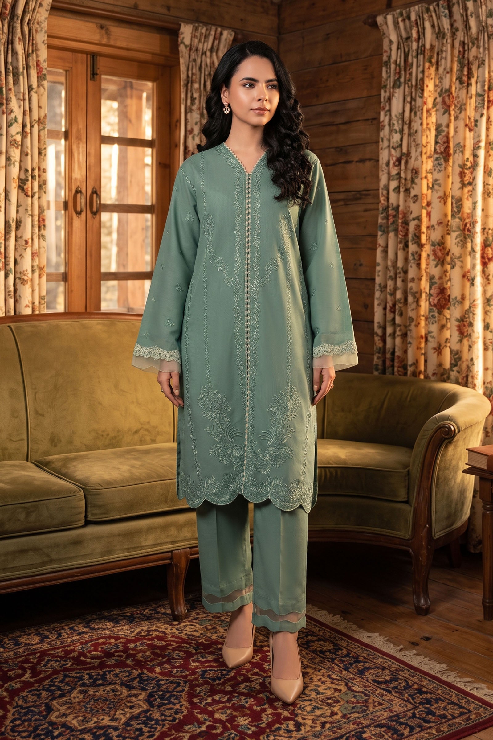 Poweder Green 2 Piece Unstitched Dyed Embroidered Lawn Main image