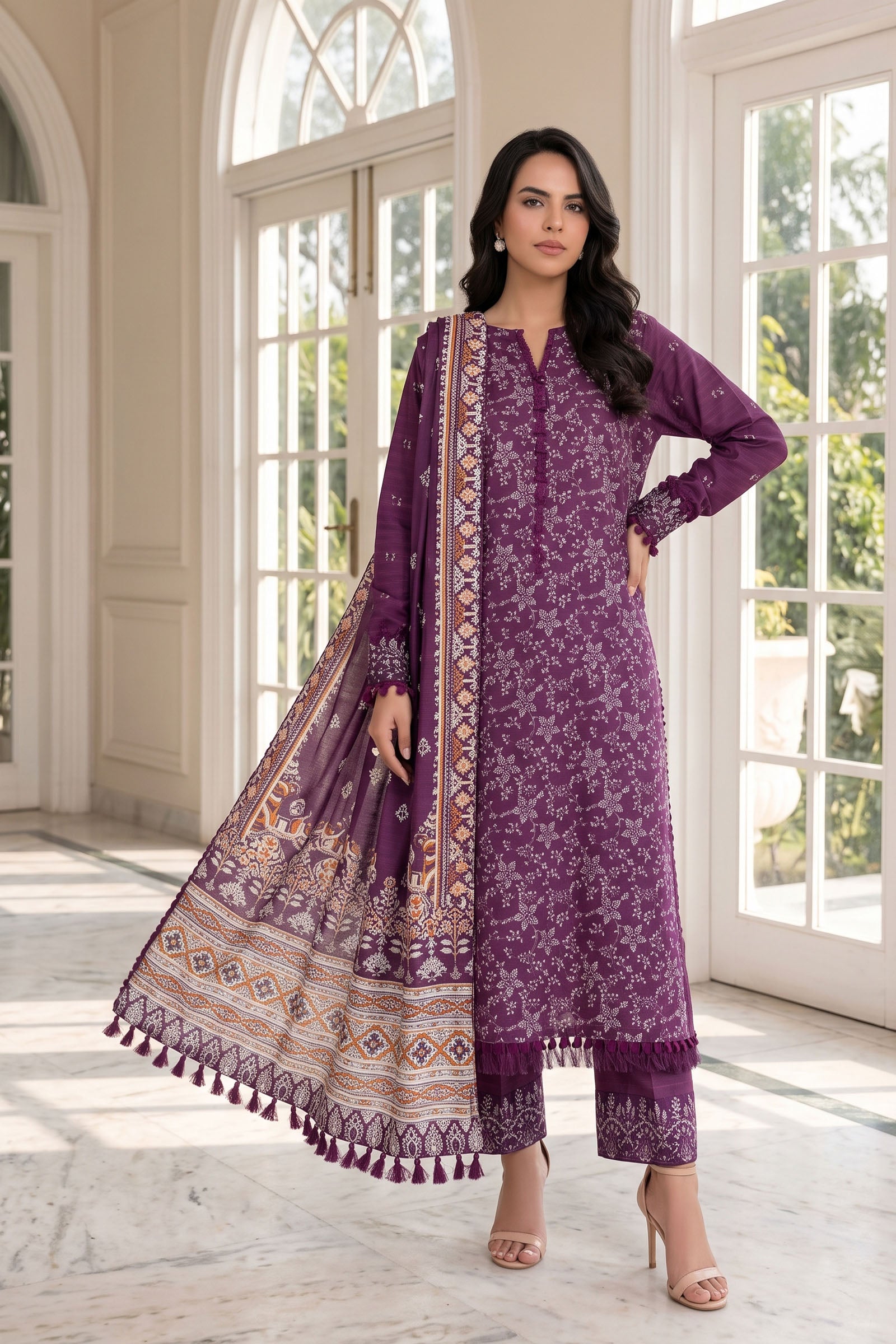 Unstitched Premium Printed 3-Piece Pansy Purple Suit Secondary image