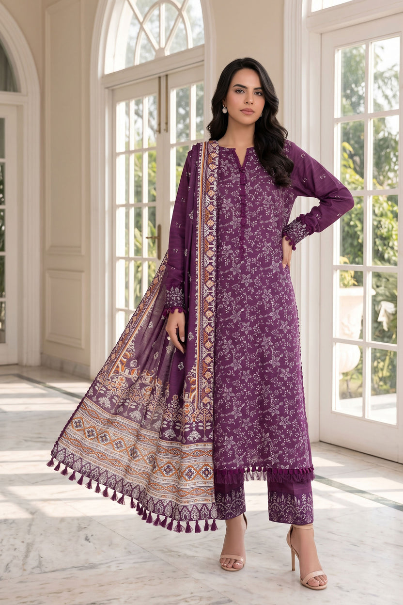 Unstitched Premium Printed 3-Piece Linen Pansy Purple Suit Secondary image