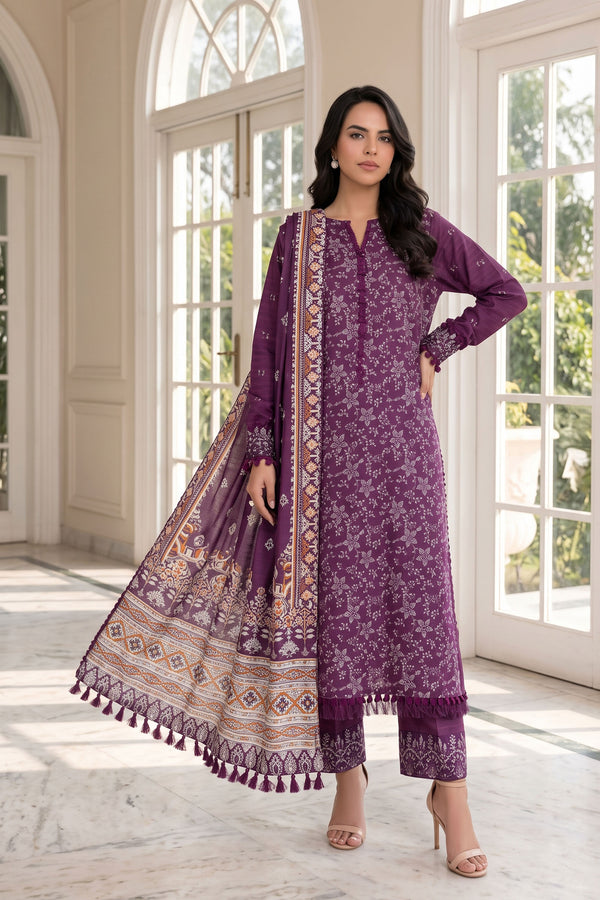 Unstitched Premium Printed 3-Piece Pansy Purple Suit