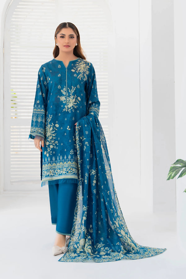 3 Piece Unstitched Sea Blue Premium Printed Lawn