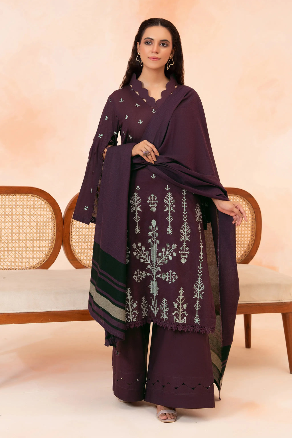 3 Piece Unstitched Wine Premium Emb Jacquard Lawn