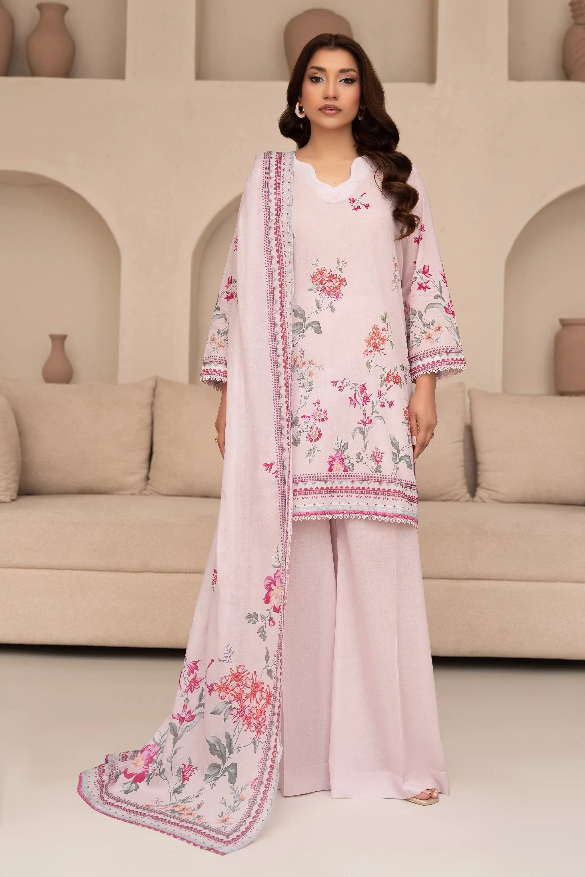 3 Piece Unstitched Baby Pink Premium Printed Lawn