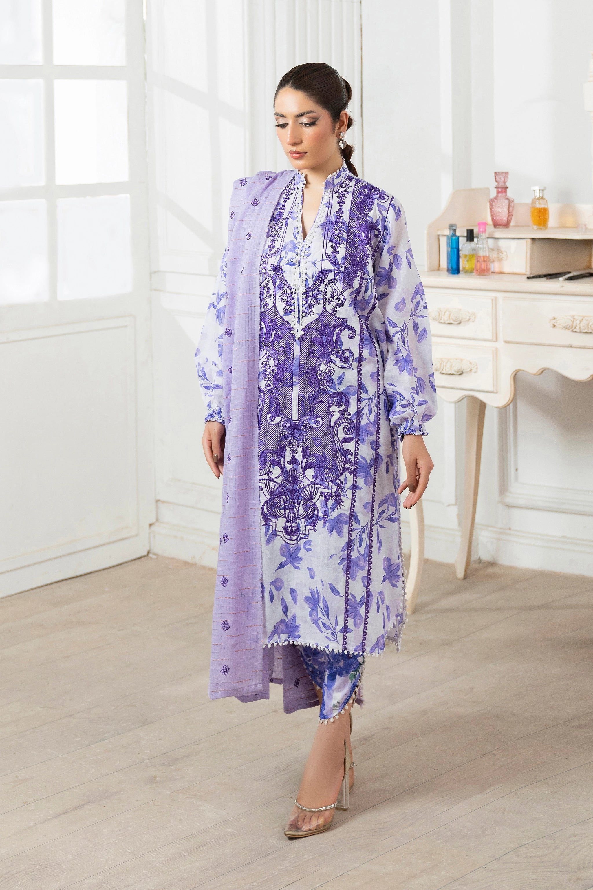 3 Piece Unstitched Light Purple Premium Emb Jacquard Lawn