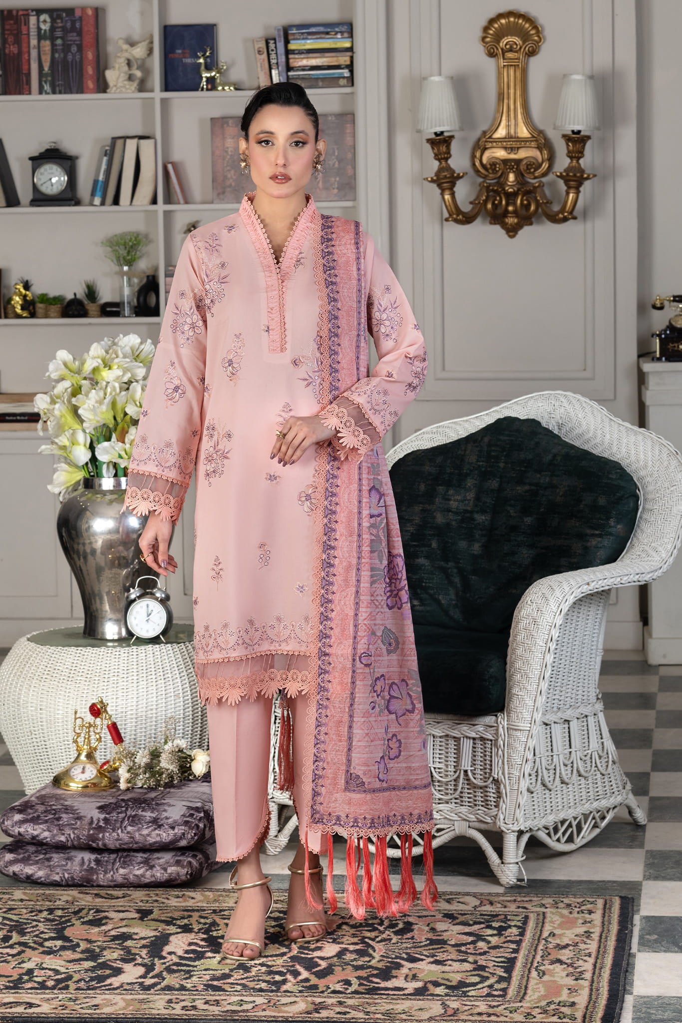 3 Piece Unstitched Baby Pink Luxury Embroidered Lawn