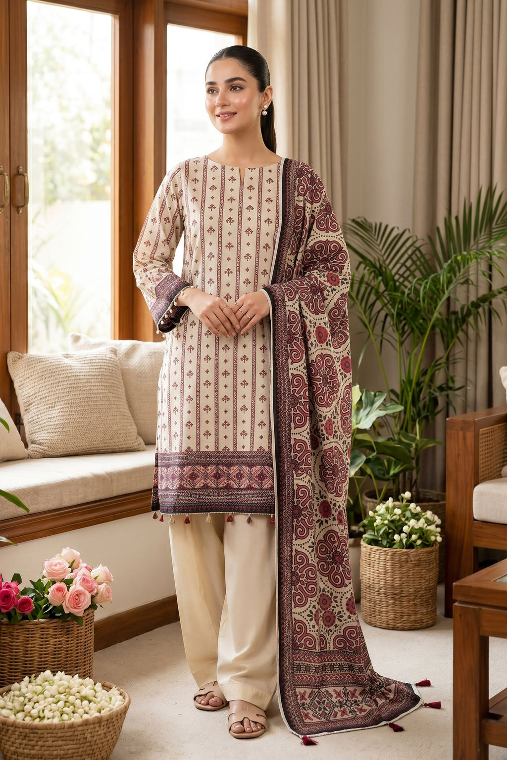 Beige 3 Piece Unstitched Premium Printed Lawn