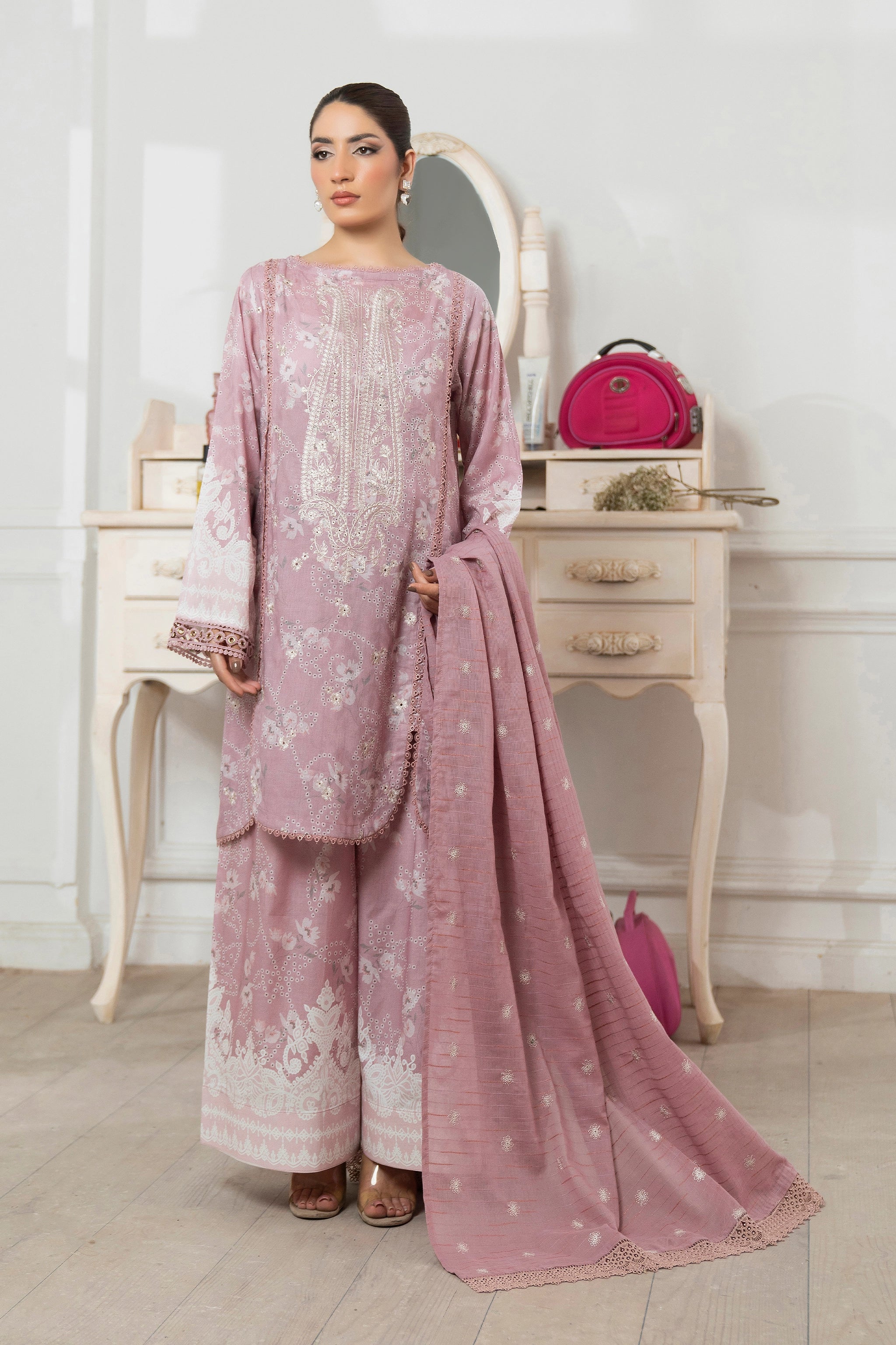 3 Piece Unstitched Rosy Brown Premium Emb Jacquard Lawn