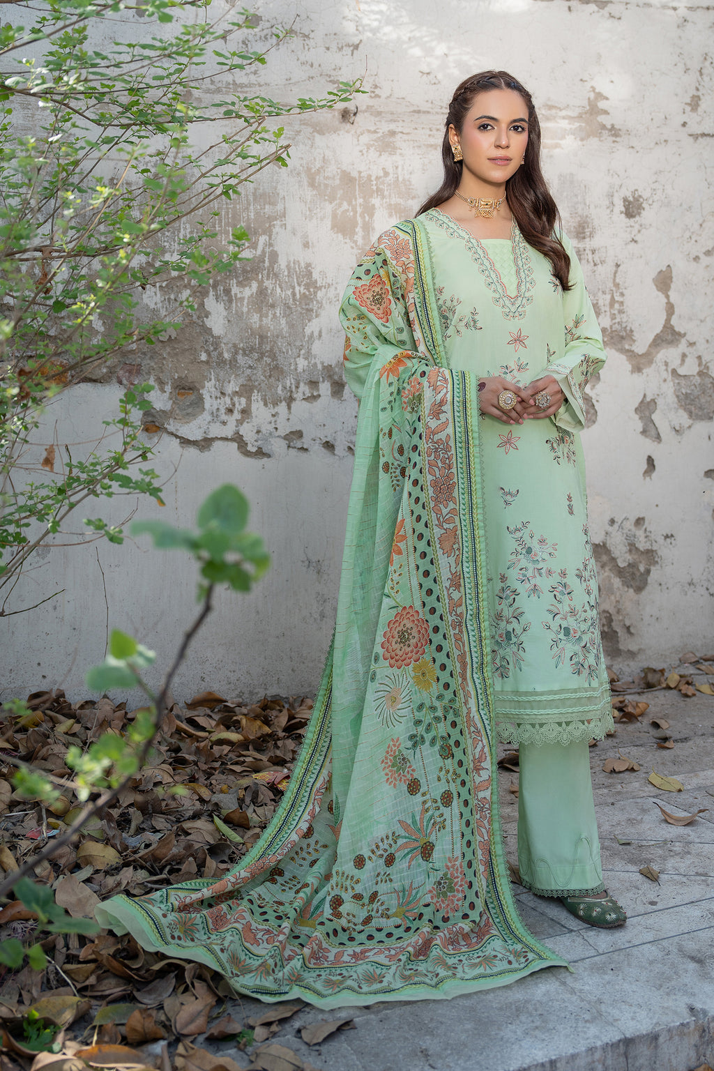 3 Piece Unstitched Laurel Green Premium Emb Lawn