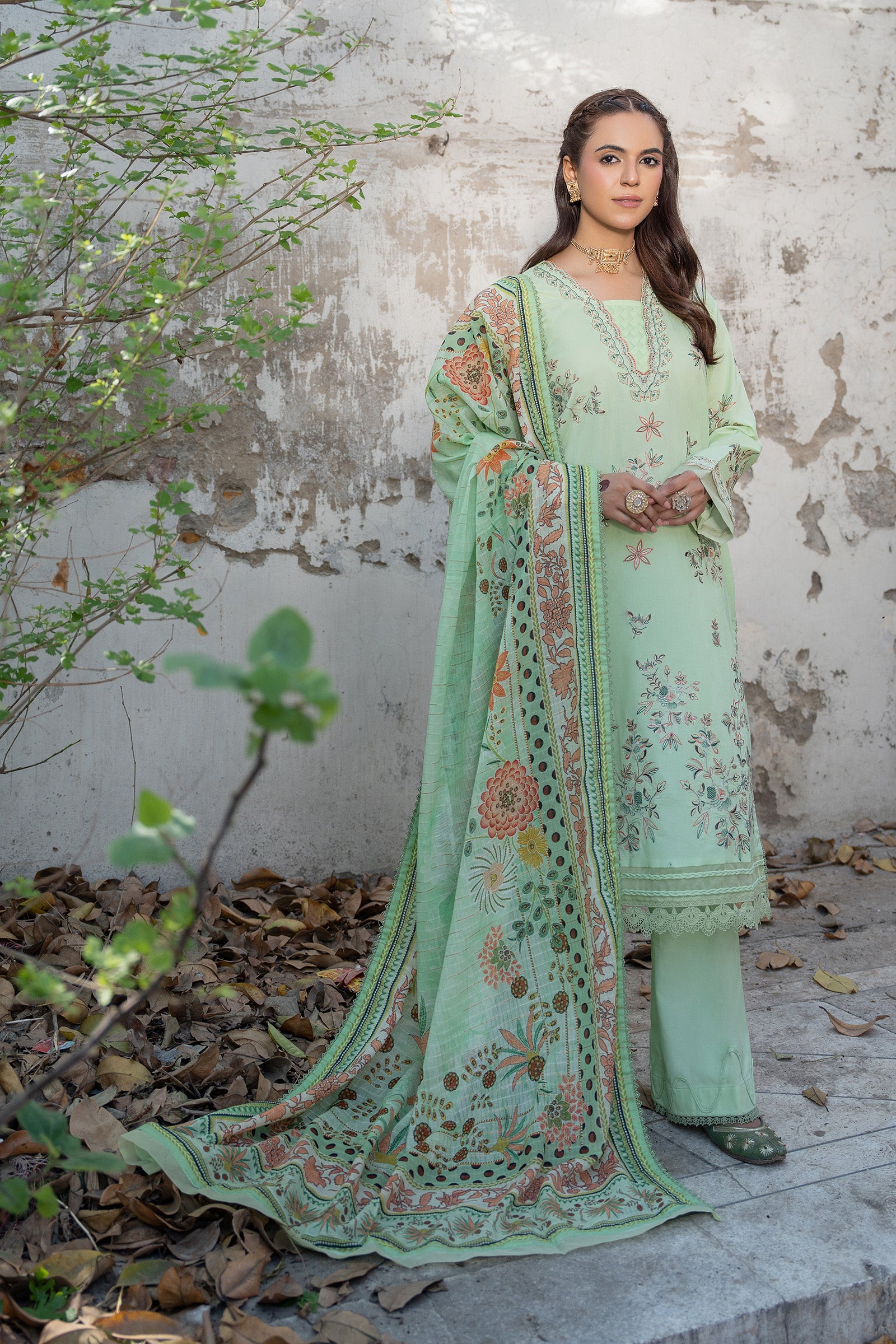 3 Piece Unstitched Laurel Green Premium Emb Lawn