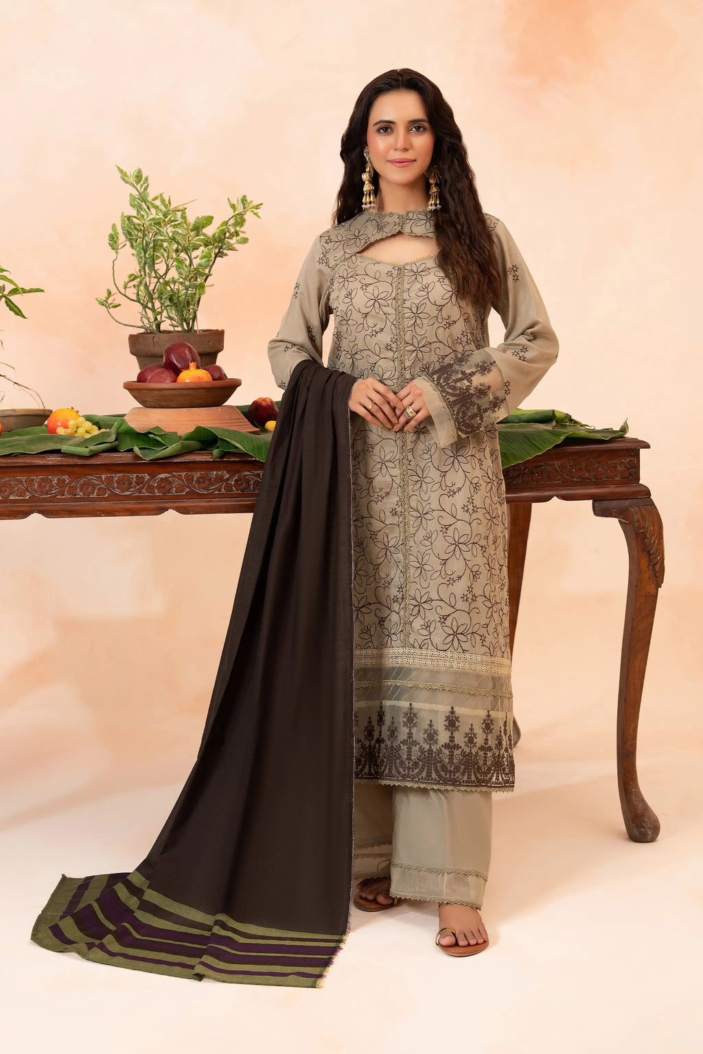 3 Piece Unstitched Tan Premium Emb Jacquard Lawn