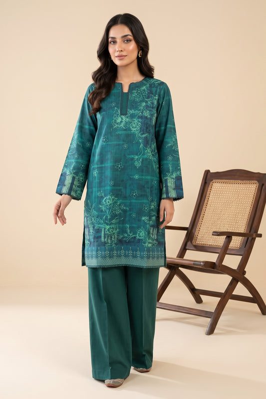 2 Piece Unstitched Digital Print Lace Khaddar - Green