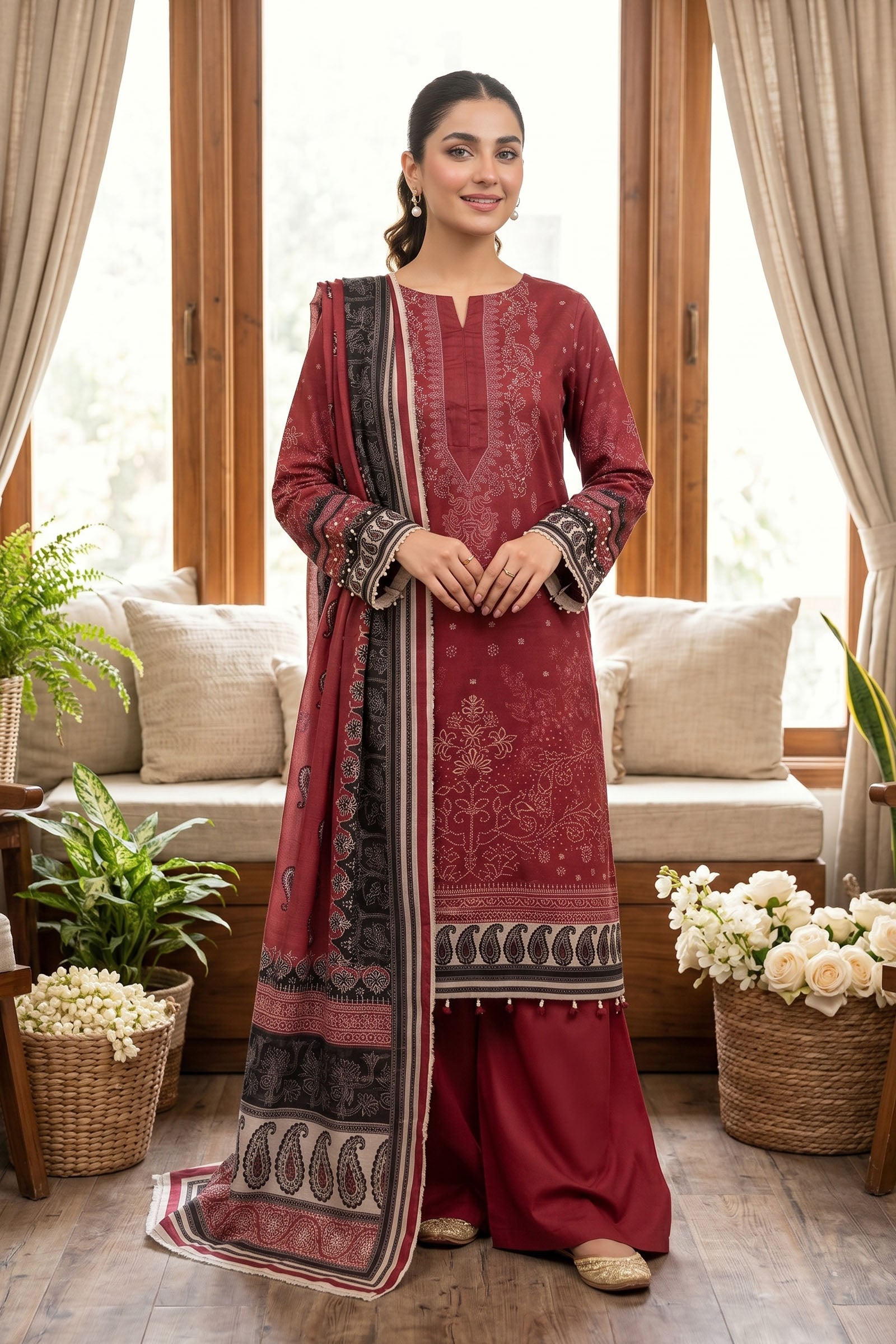 Maroon 3 Piece Unstitched Premium Printed Lawn