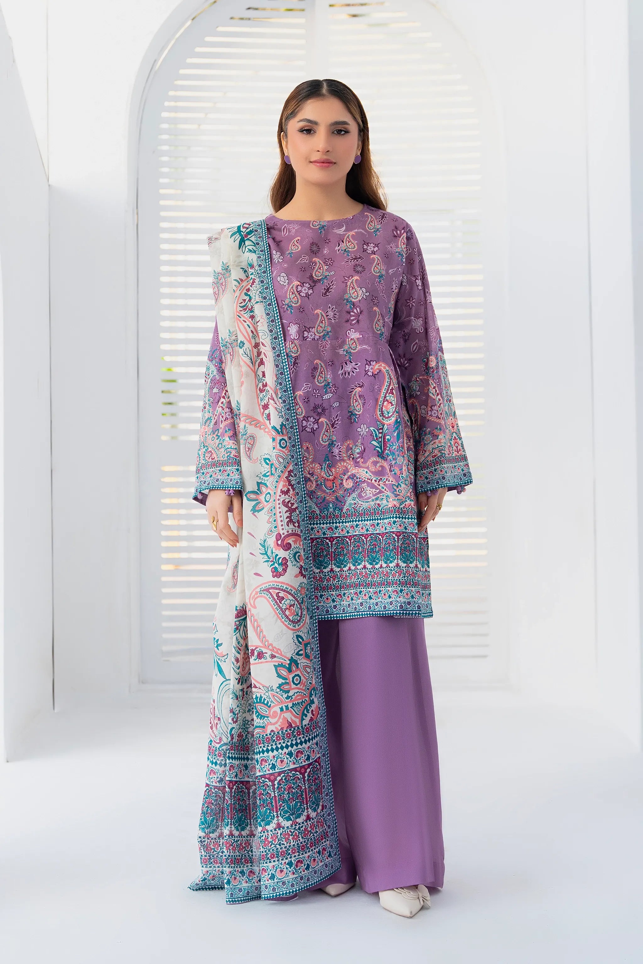 3 Piece Unstitched Purple Premium Printed Lawn
