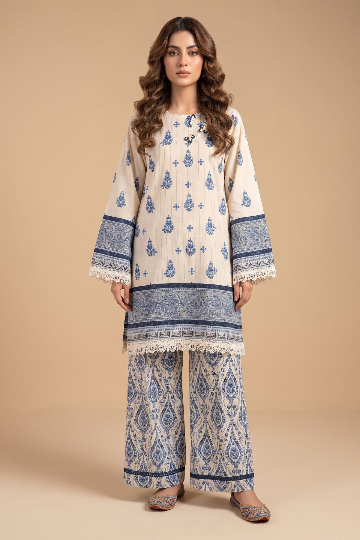 Cream 2 Piece Unstitched Dyed Embroidered Lawn