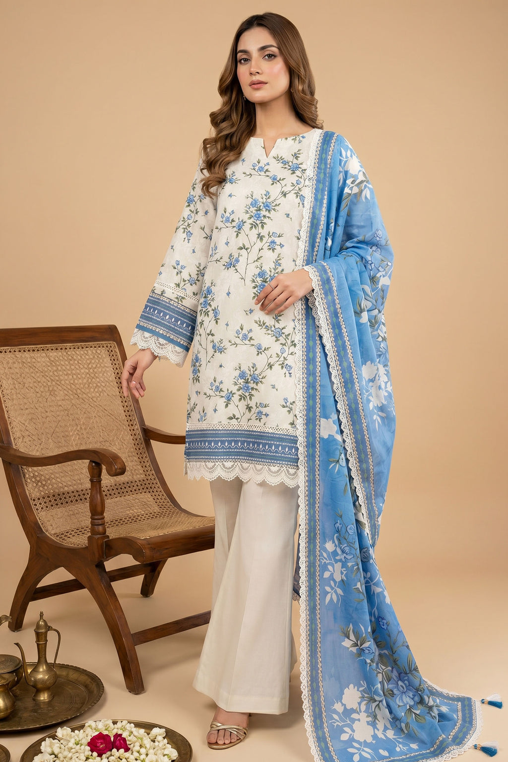 Antique White 3 Piece Unstitched Premium Printed Lawn