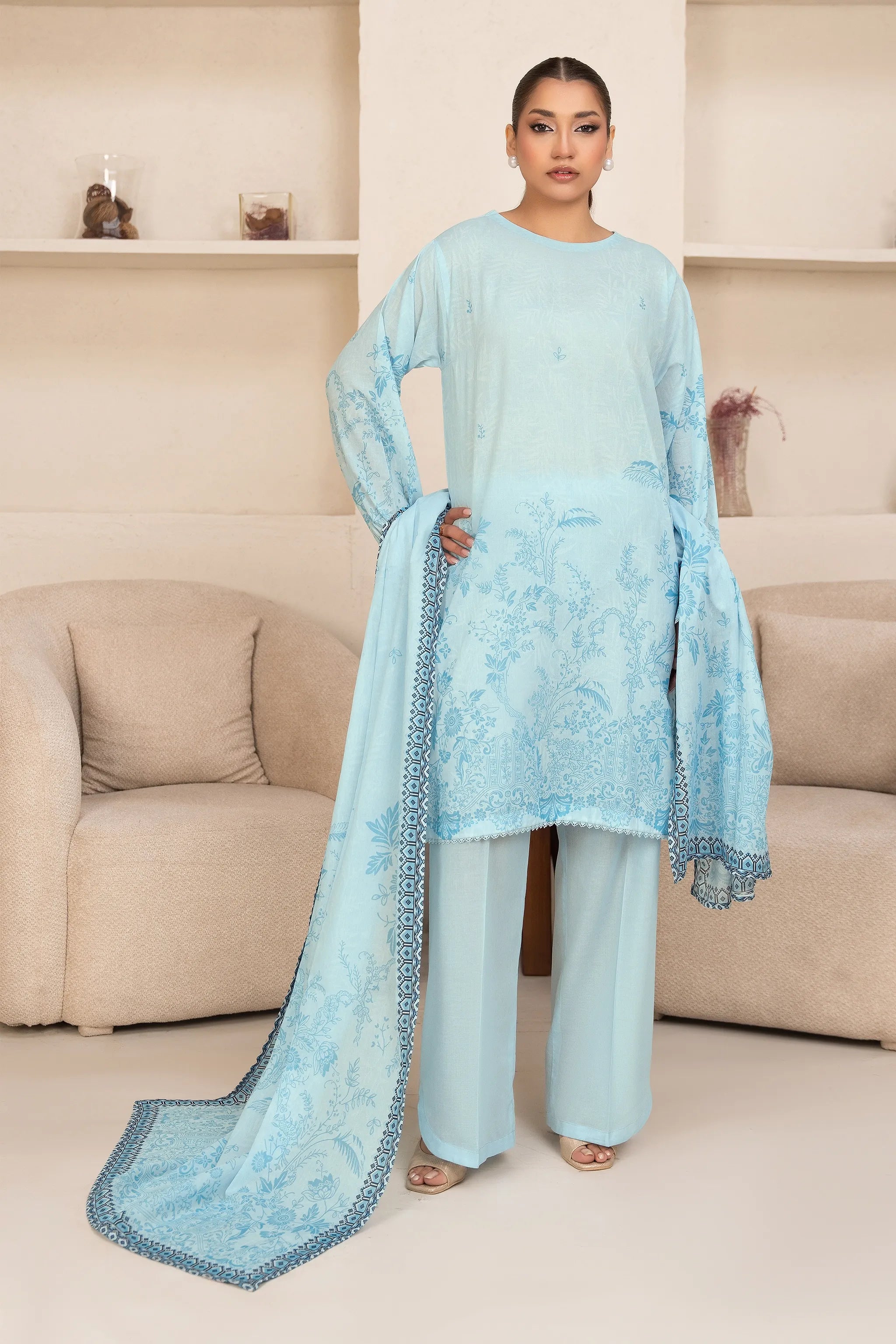 3 Piece Unstitched Light Blue Premium Printed Lawn