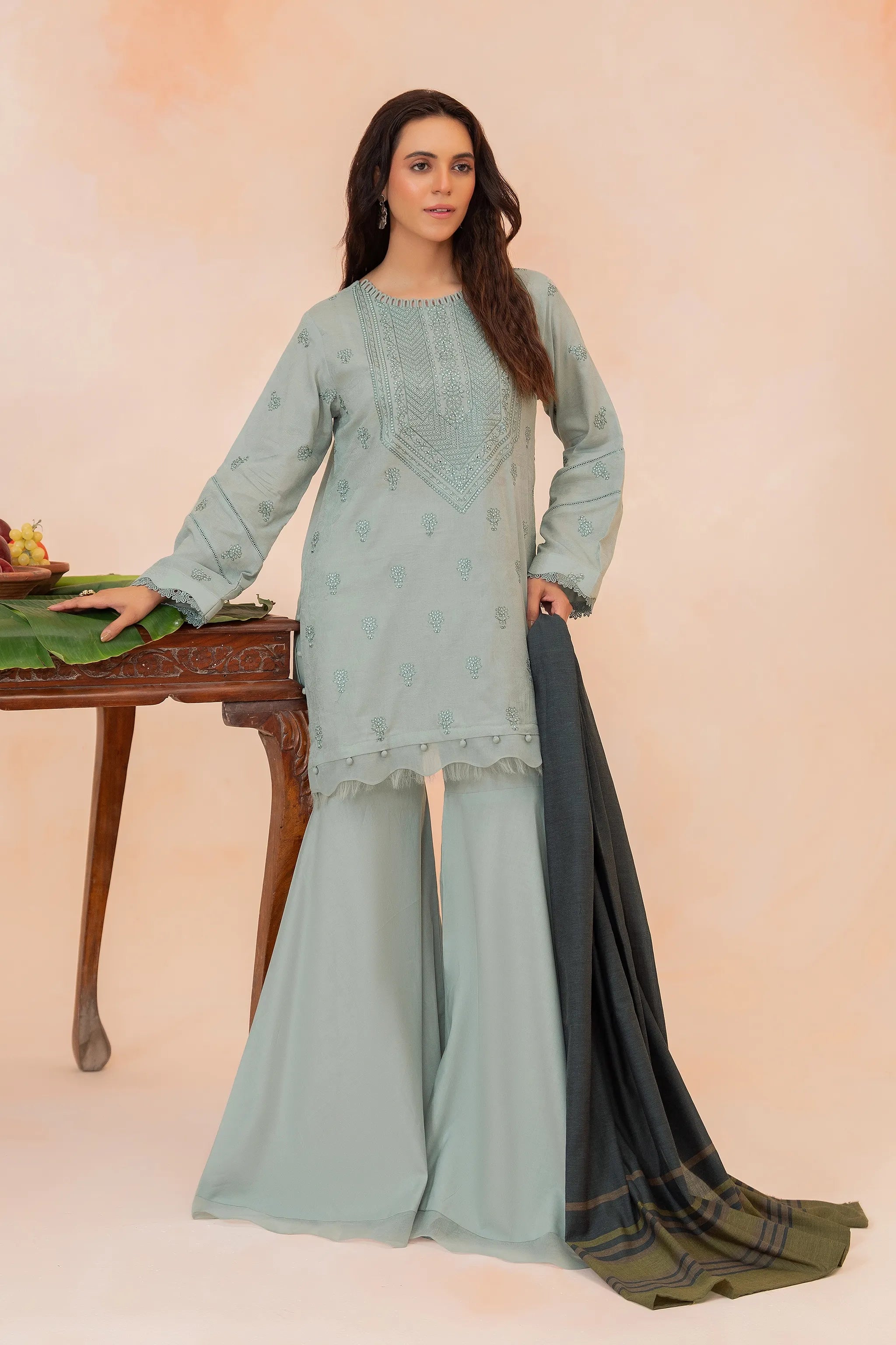 3 Piece Unstitched Ash Grey Premium Emb Jacquard Lawn