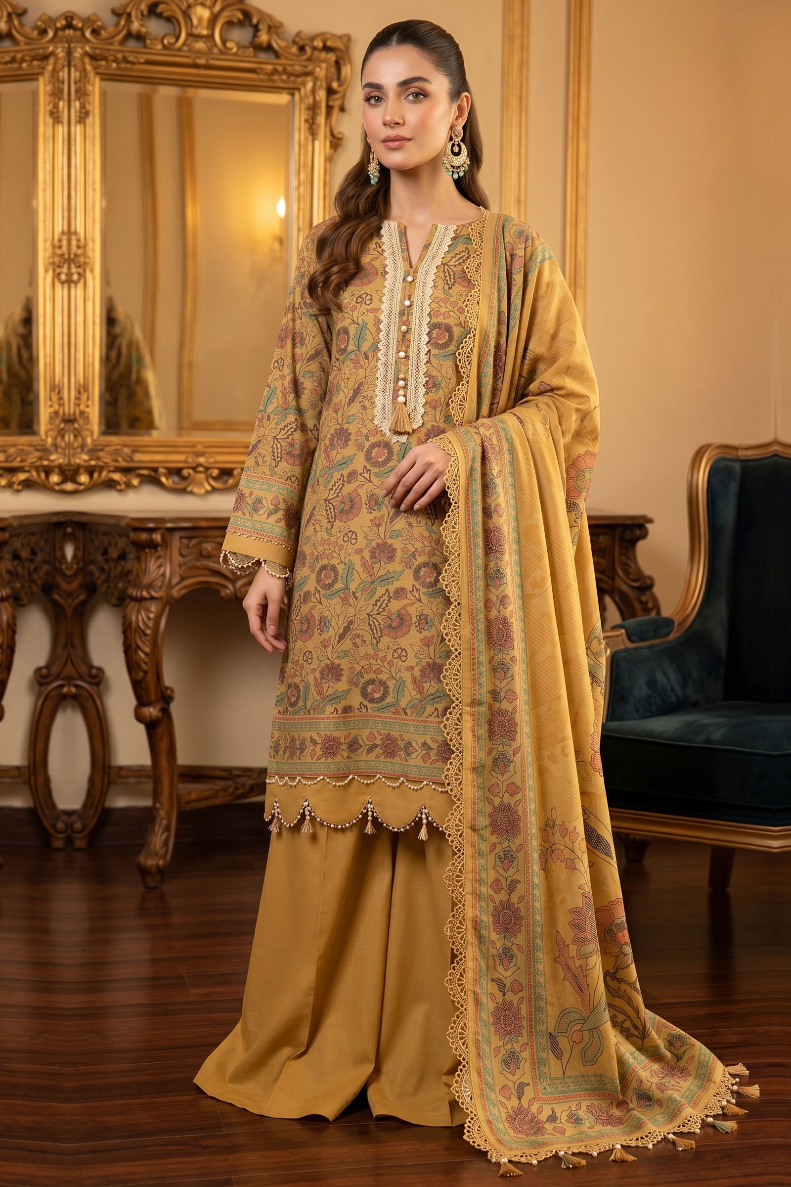 Golden 3 Piece Unstitched Premium Printed Lawn