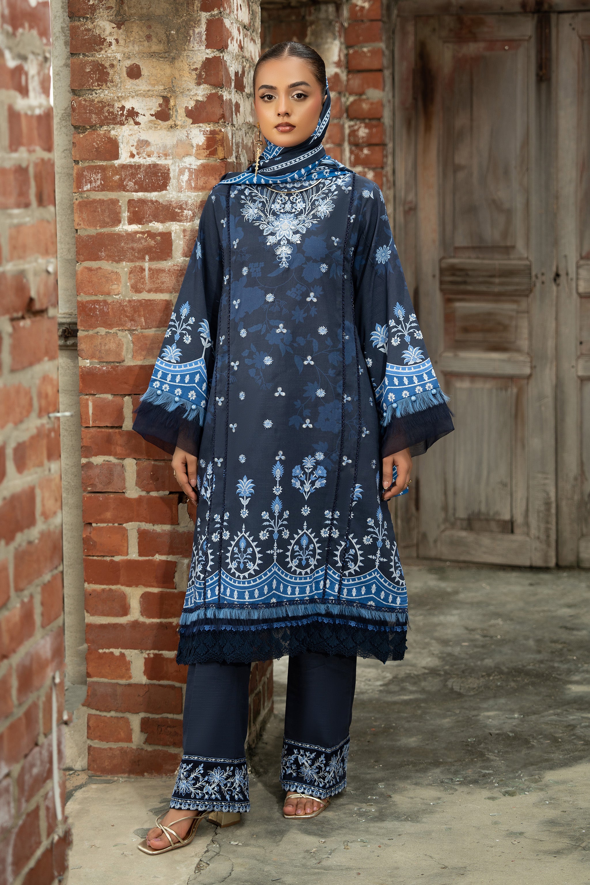 3 Piece Unstitched Navy Blue Embroidered Linen